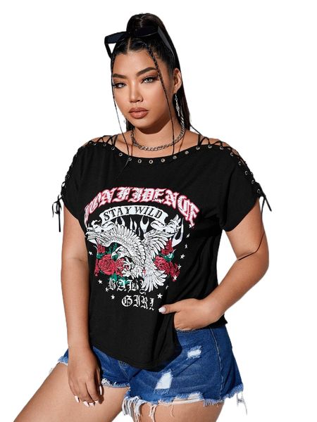 

plus eagle and letter graphic lace up shoulder tee q7so#, Black