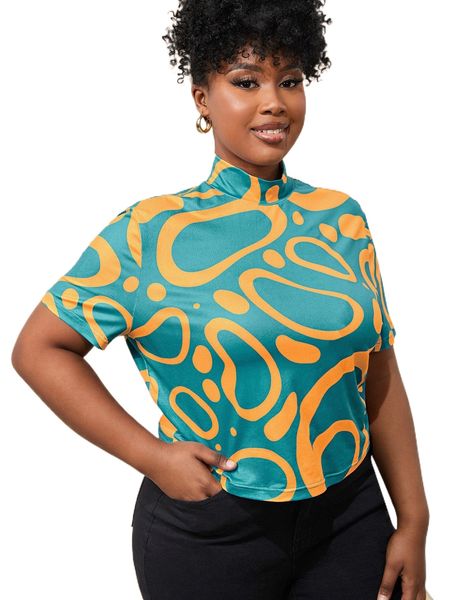 

x kymmadoodles plus allover print mock neck tee g8pl#, Black