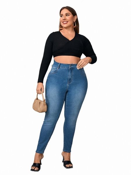 

plus high waist single button skinny jeans c5pu#, Blue