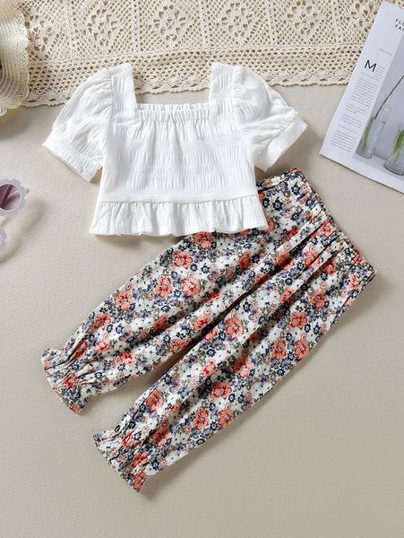 

toddler girls square neck ruffle hem textured & floral print pants she, White