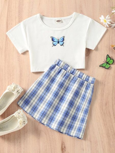 

toddler girls tee & tartan skirt she, White