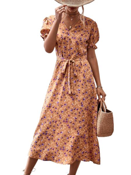 

ditsy floral puff sleeve knot front dress o5mg#, Black;gray