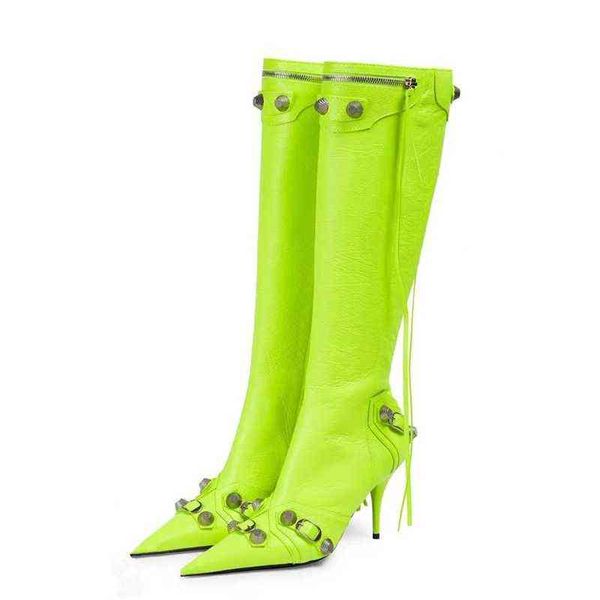 Stiefel Metallnieten verziert Frauen Hohe Neue Herbst Be Toe Stiletto Quaste Schnalle Seitlicher Reißverschluss Fluoreszierendes Gelb 220709