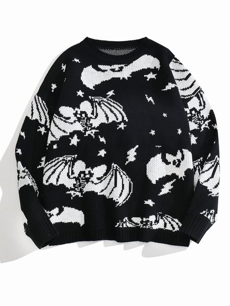 

bat & skeleton pattern drop shoulder sweater f2lj#, White;black