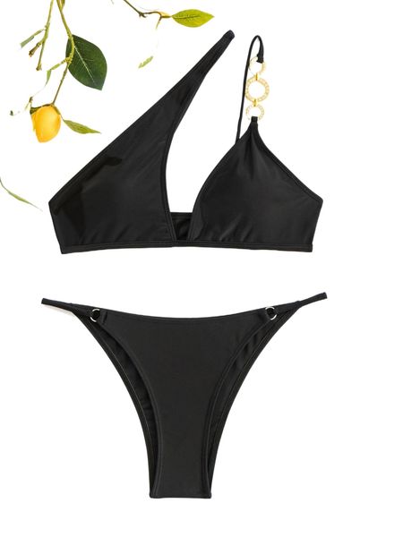 

chain linked one shoulder thong bikini swimsuit v8bj#, White;black