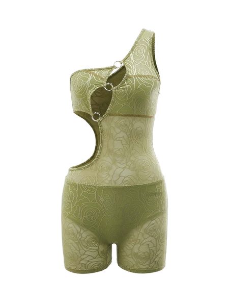 

jacquard floral cut out o-ring one shoulder unitard romper 70sy#, Black;white