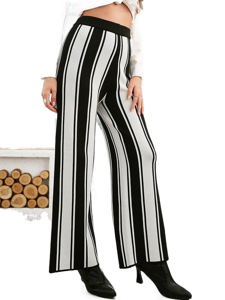 

striped pattern wide leg knit pants 871y#, White;black