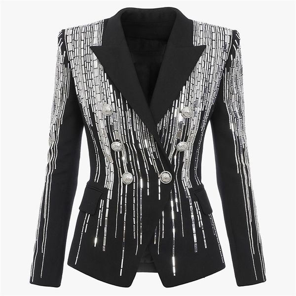 HIGH STREET est Modedesigner-Jacke für Damen, zweireihig, luxuriös, atemberaubende silberne Metallknöpfe, Perlen-Blazer 220402