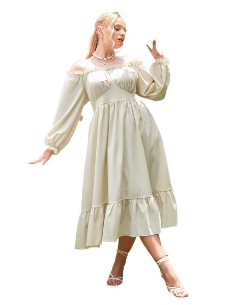 

plus cold shoulder flounce sleeve ruffle hem dress without tube 879c#, Black