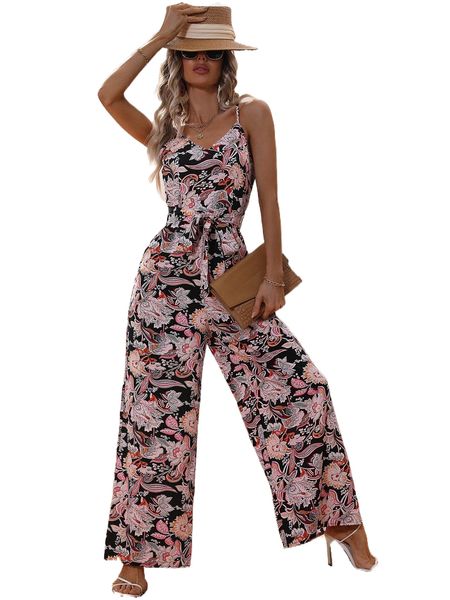 

allover floral print belted cami jumpsuit 08a6#, Black;white