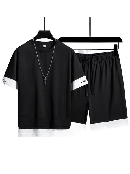 

men color block slogan graphic tee and drawstring waist shorts k3gw#, Gray