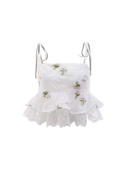 

mod floral pattern contrast lace ruffle hem layered cami 39f1#, White