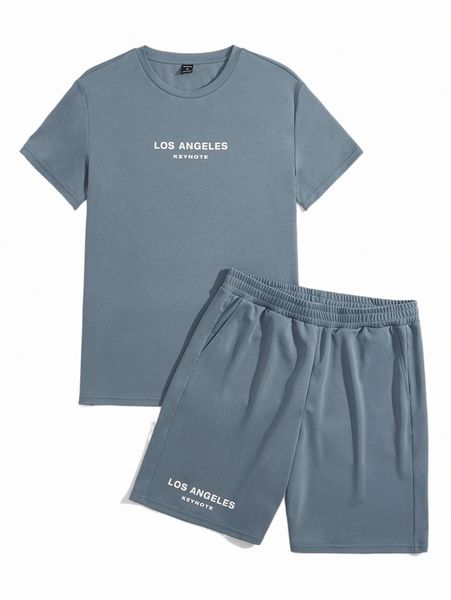 

men letter graphic tee & track shorts g0pv#, Gray