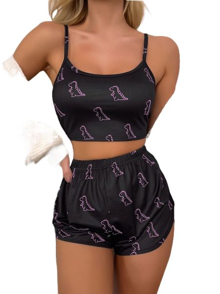 

dinosaur print cami pajama set f2bb#, Black;red