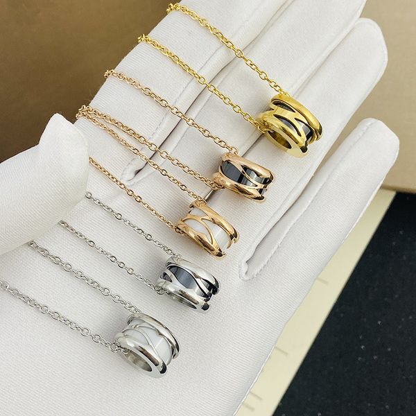 

europe america fashion style men lady women stainless steel 18k gold engraved b letter hollow out inlay black white ceramic pendant chain ne, Silver