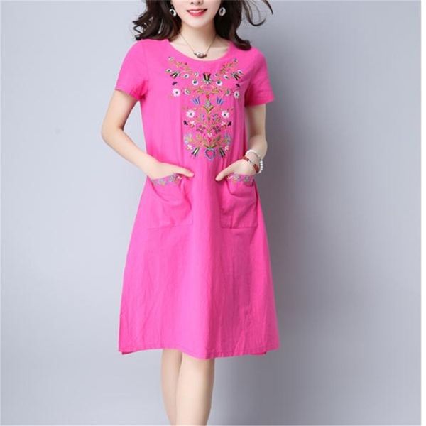 

new arrivals new summer dress women casual cotton linen round neck short sleeve loose print dress vestidos 210302, Black;gray