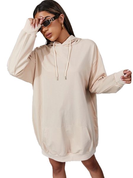 

drawstring hooded sweatshirt dress k36f#, Black