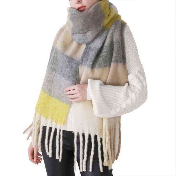 

ac cotton candy rainbow scarf thickened imitation cashmere multi-color plaid shawl in autumn and winter women's xwl, Blue;gray