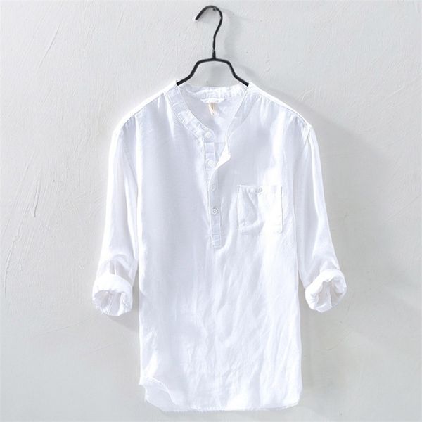 

solid color men shirt long sleeve stand collar men shirt casual slim fit summer cotton linen loose blouse male lj200925, White;black