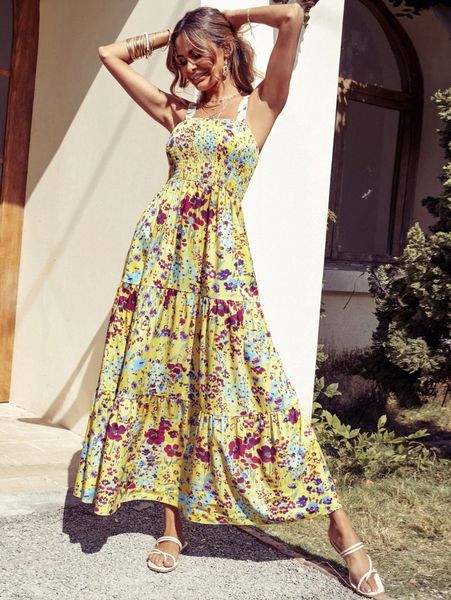 

floral print shirred ruffle hem cami dress c02t#, Black;gray