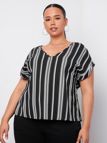 

plus striped print v-neck batwing sleeve m61n#, Black