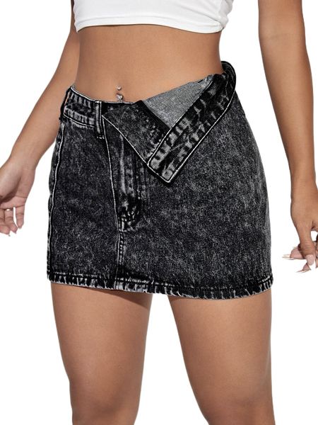 

asymmetrical waist denim skirt l38w#, Black