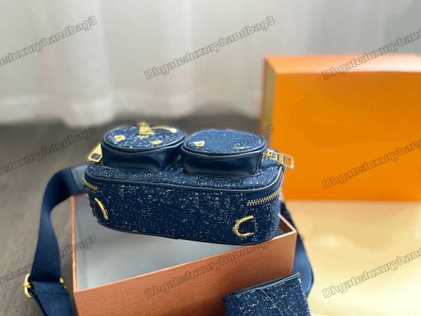 

21ss utility crossbody camera bags multiple zipped pockets bag designer monograms flowers navy denim canvas wide textile strap handbags