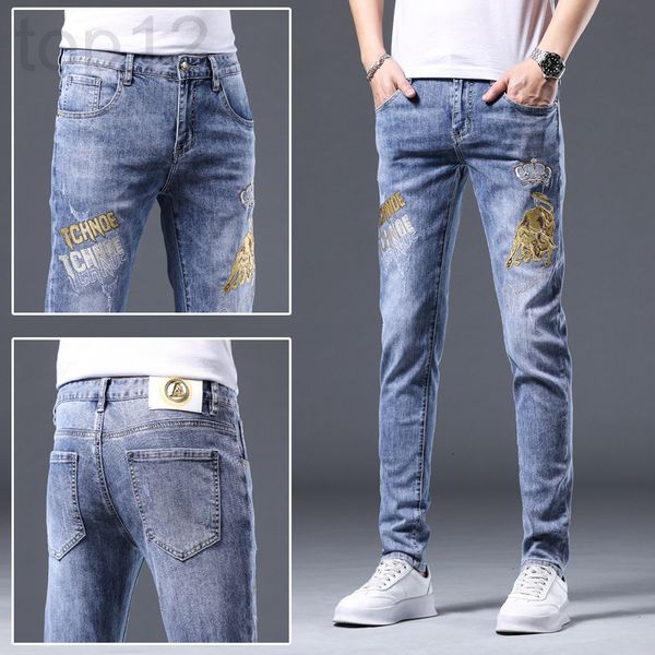 

men's jeans designer 2022 spring and summer new embroidered jeans men's slim fit small feet fashion brand leisure elastic korean p, Blue