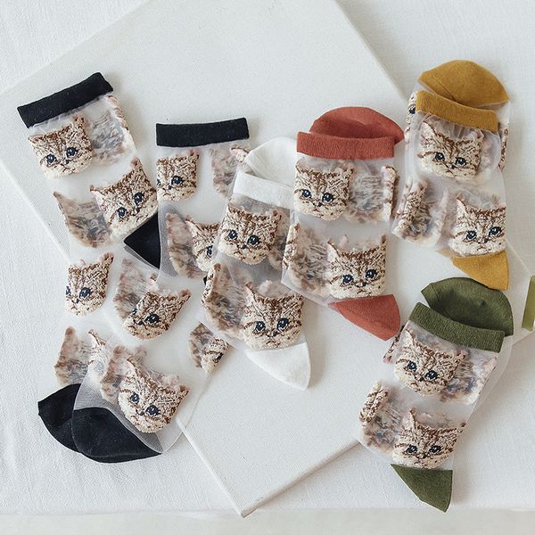 

crystal silk tide socks women gril harajuku funny animal cat funny happy women socks casual transparent sox, Pink;yellow