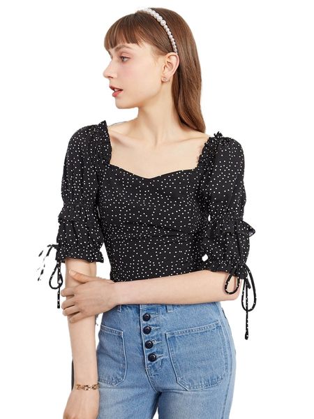 

polka dot print flounce sleeve sweetheart neck blouse 29po#, White