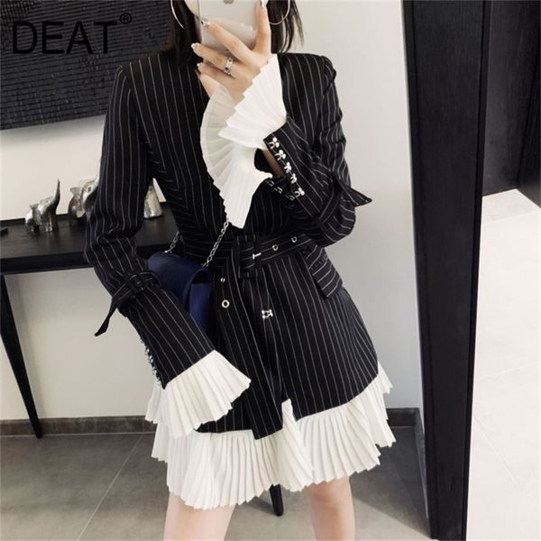 

deat 2020 new turn down collar flare sleeves pleated patchwork striped high waist single suit women blazer ol fits belts lj201021, White;black