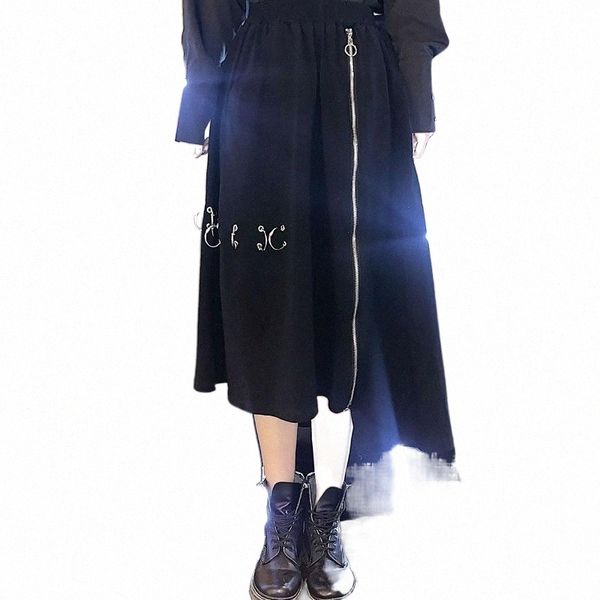 

skirts hg irregular punk ring zipper womens fashion trend loose high waist skirt harajuku black streetwear dark style xj4344 v5es#