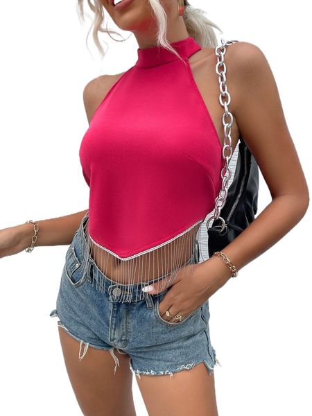 

fringe hem tie backless crop halter b7hm#, White