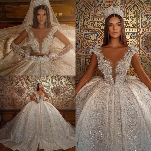 

luxury ball gown wedding dresses v neck spaghetti straps sleeveless pearls beads sequins appliques lace ruffles floor length bridal gowns pl, White