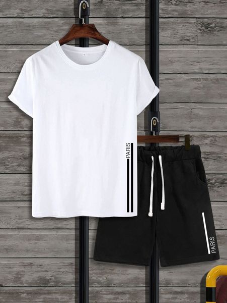 

men letter graphic tee & drawstring waist shorts 91fu#, Gray