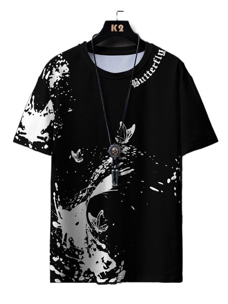 

men butterfly & splash ink print tee l7k0#, White;black