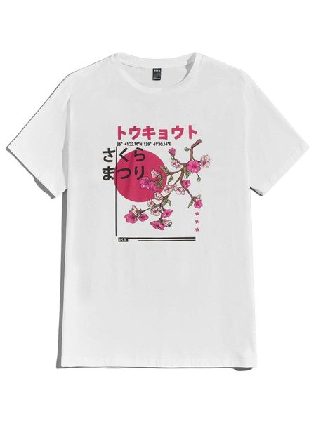 

men japanese letter & floral print tee g0yv#, White;black