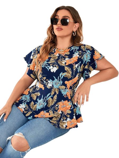 

plus floral print butterfly sleeve peplum blouse t2qn#, Black