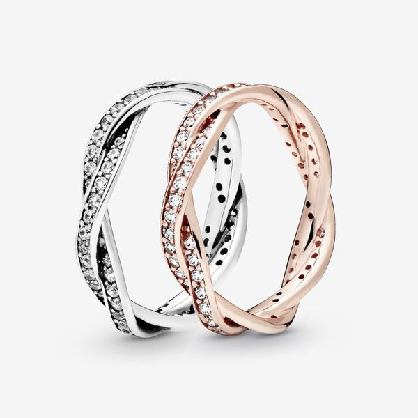

authentic 925 sterling silver sparkling twisted lines ring for women wedding rings fashion jewelry accessories, Slivery;golden