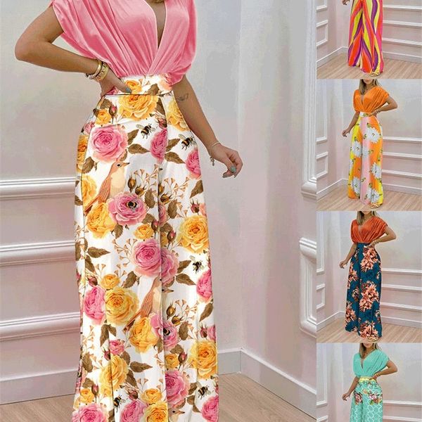 

summer fashion vneck bat sleeve printed wideleg pants suit casual two piece set women 220618, White