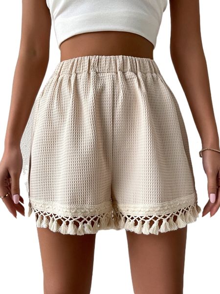

fringe trim high waist shorts t8yh#, White;black
