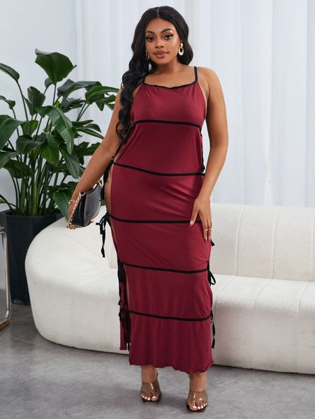 

sxy plus striped contrast binding knot side cami dress c3ga#, Black