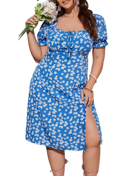 

plus ditsy floral puff sleeve knot front split thigh dress l88o#, Black