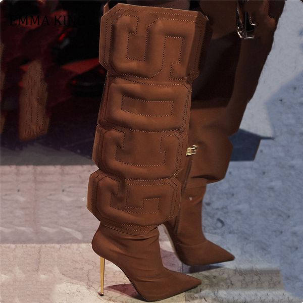 2021 herbst Frauen Oberschenkel Hohe Stiefel Stretch Lycra Damen Botas Mujer Einzigartige Cube Brief Runway Schuhe Eisen Heels Botas Altas mujer G220720