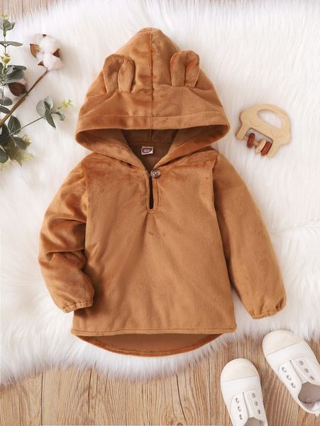 

baby high low hem 3d ear design velvet hoodie she, Black
