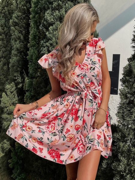 

floral print butterfly sleeve belted dress z256#, Black;gray