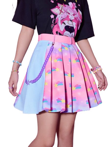 

romwe anime star print colorblock pleated skirt 67er#, Black