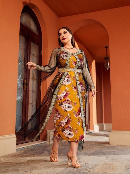 

plus floral print belted cami dress with lace trim mesh coat w4fj#, Black