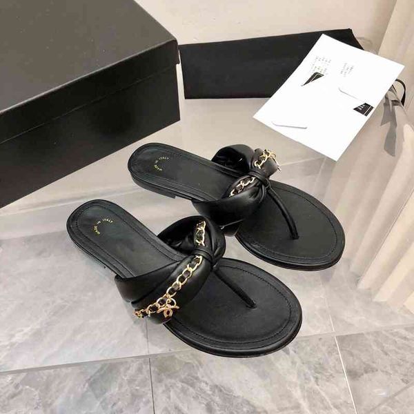 

high c family small chain herringbone women casual wear clip toe flat bottom sandals for women2022 trendy fashion design all-match ladies sl, Black