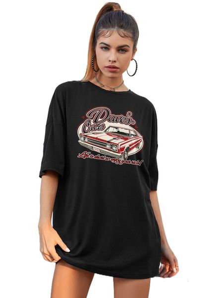 

car & letter graphic drop shoulder tee h8ps#, White